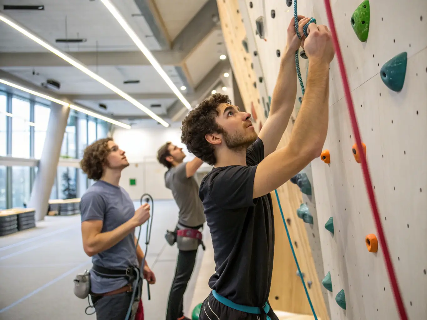 A dynamic shot of club members participating in a climbing session, showcasing teamwork and physical challenge.