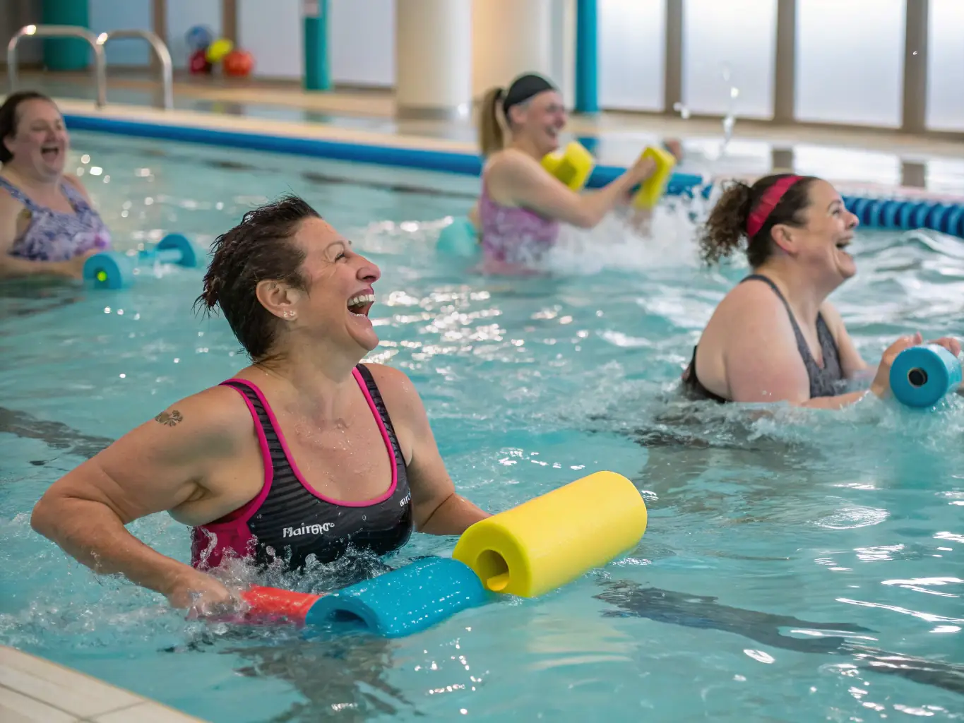 A group of smiling members participating in a water aerobics class, highlighting the fun and fitness aspects of aquatic activities.