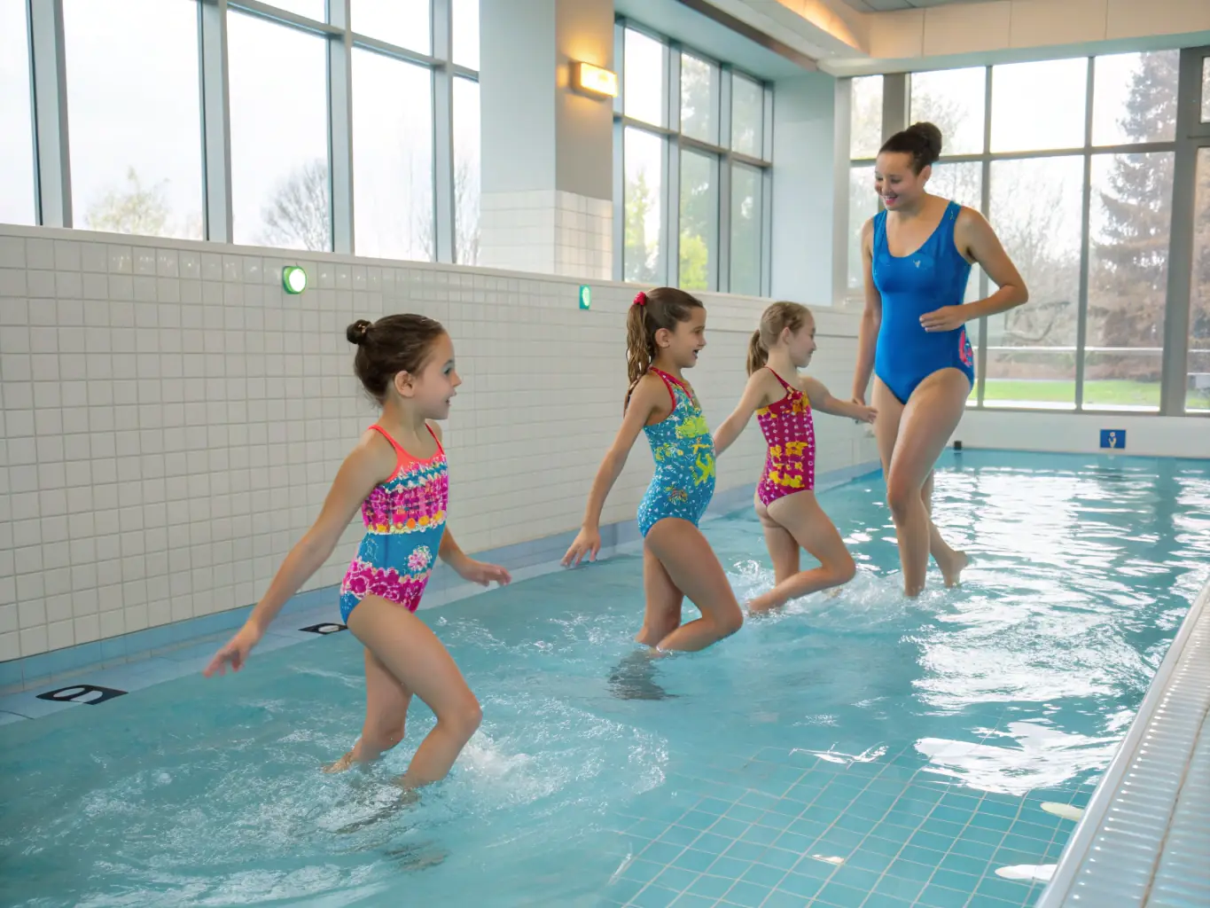 A vibrant image of people participating in a swimming class at AQUA GRIMPE MILLAU GRANDS CAUSSES, showcasing various age groups and skill levels, emphasizing the fun and inclusive nature of the aquatic programs.