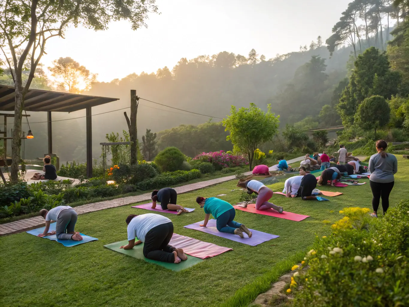 A serene image of individuals practicing yoga by the pool, emphasizing the club's commitment to holistic health and wellness.