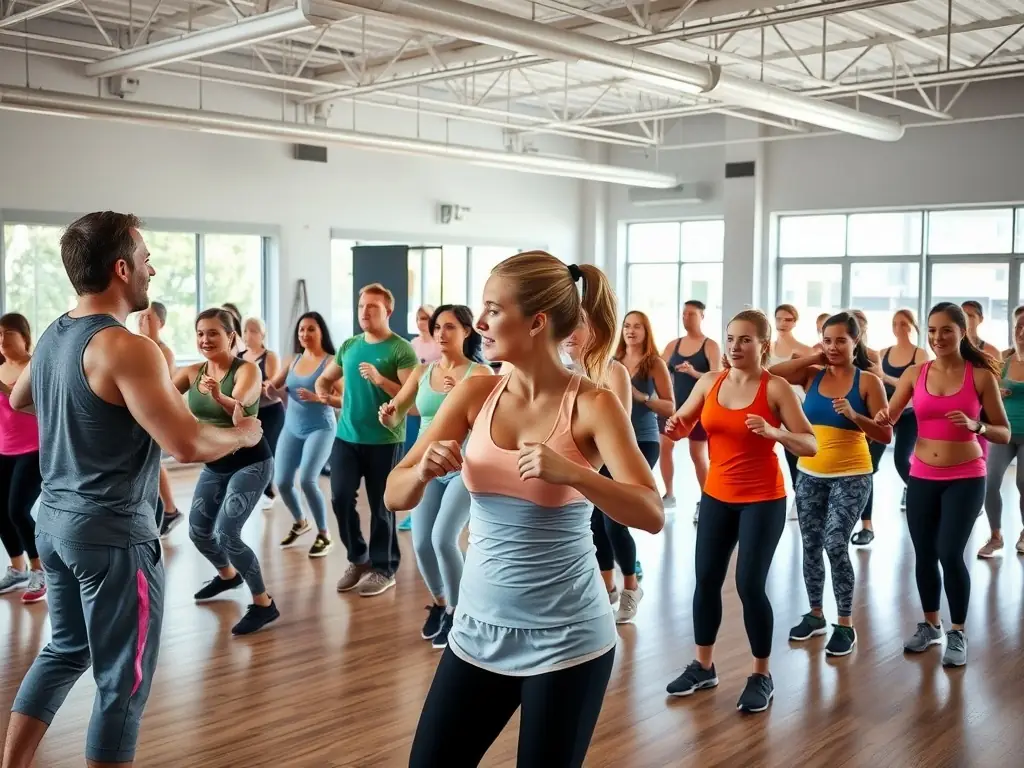 A dynamic image of individuals engaged in a fitness class at AQUA GRIMPE MILLAU GRANDS CAUSSES, showcasing a variety of exercises and the energy of the group, emphasizing the health benefits of the fitness programs.